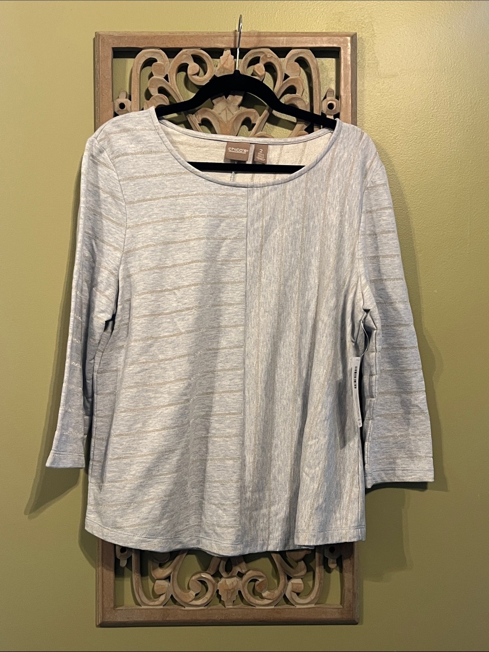 Chicos Women’s Light Blue Shimmer Stripe Powder Blue Long Sleeve Shirt NWT